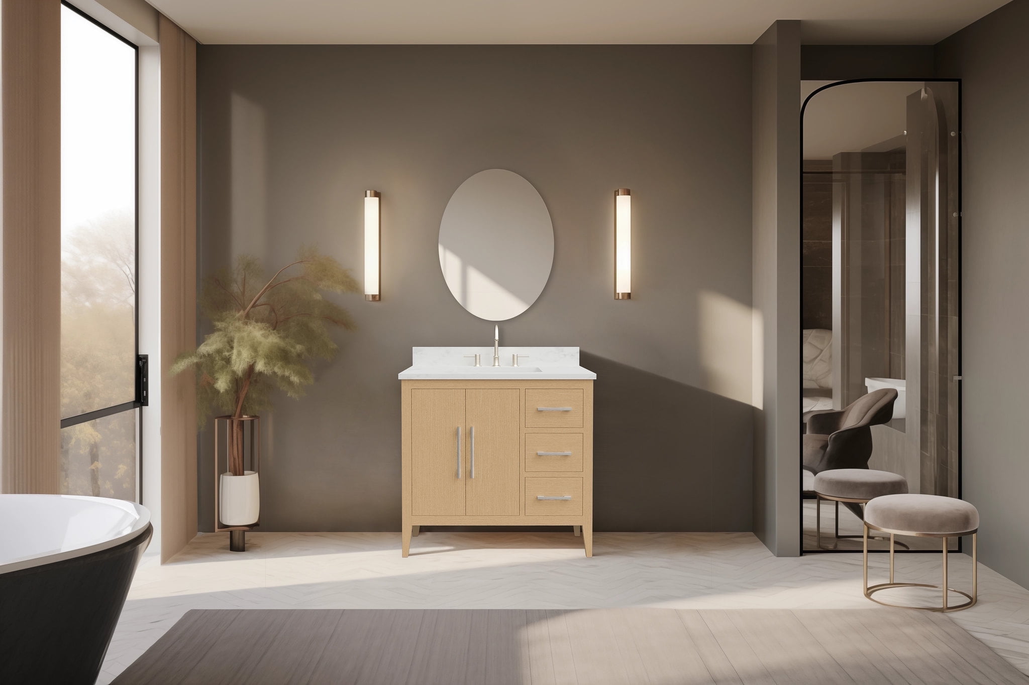 Natural Oak 36" Single Bathroom Vanity with Engineered Marble Top