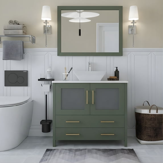 Vanity Art 36" Single Sink Freestanding Bathroom Vanity Set with Engineered Marble Top and Mirror