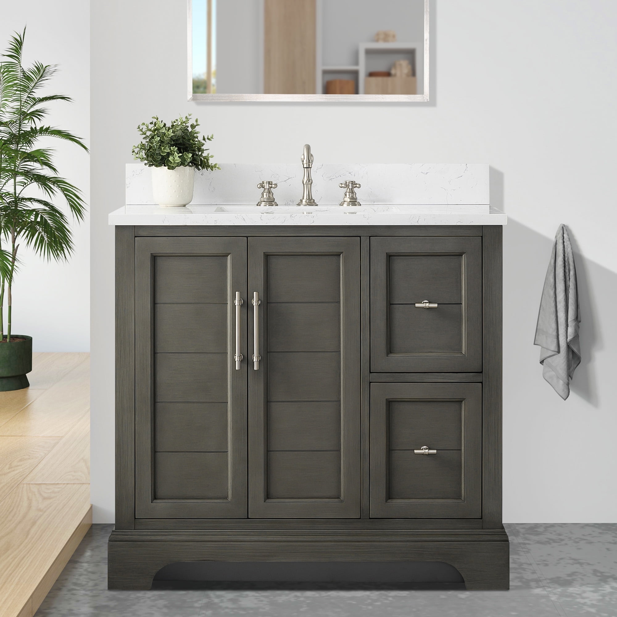 Vanity Art 36 x 22 x 34 in. Single Sink Bathroom Vanity with Quartz Top & Backsplash, Silver Grey
