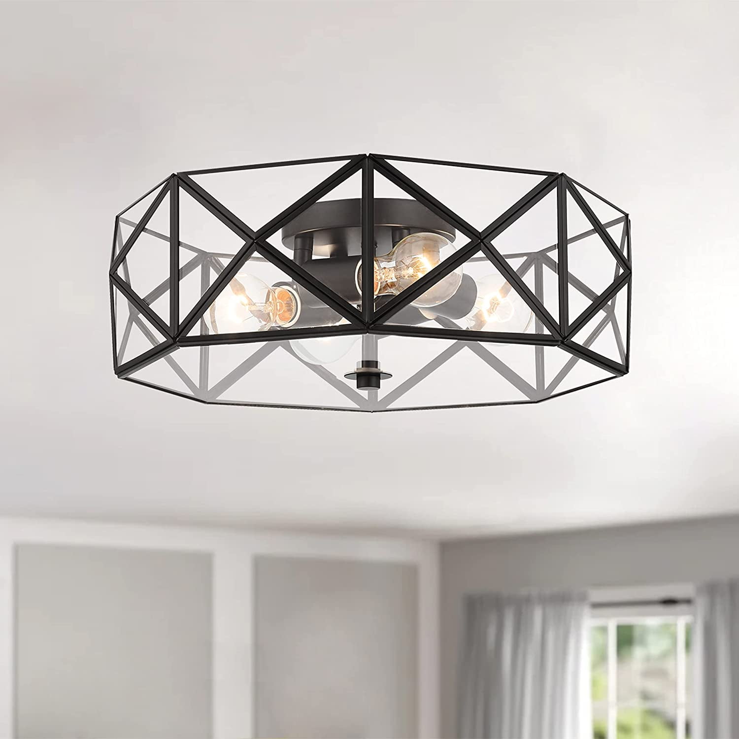 Sleek Geometric Black Glass 4-Light Flush Mount Vanity LED