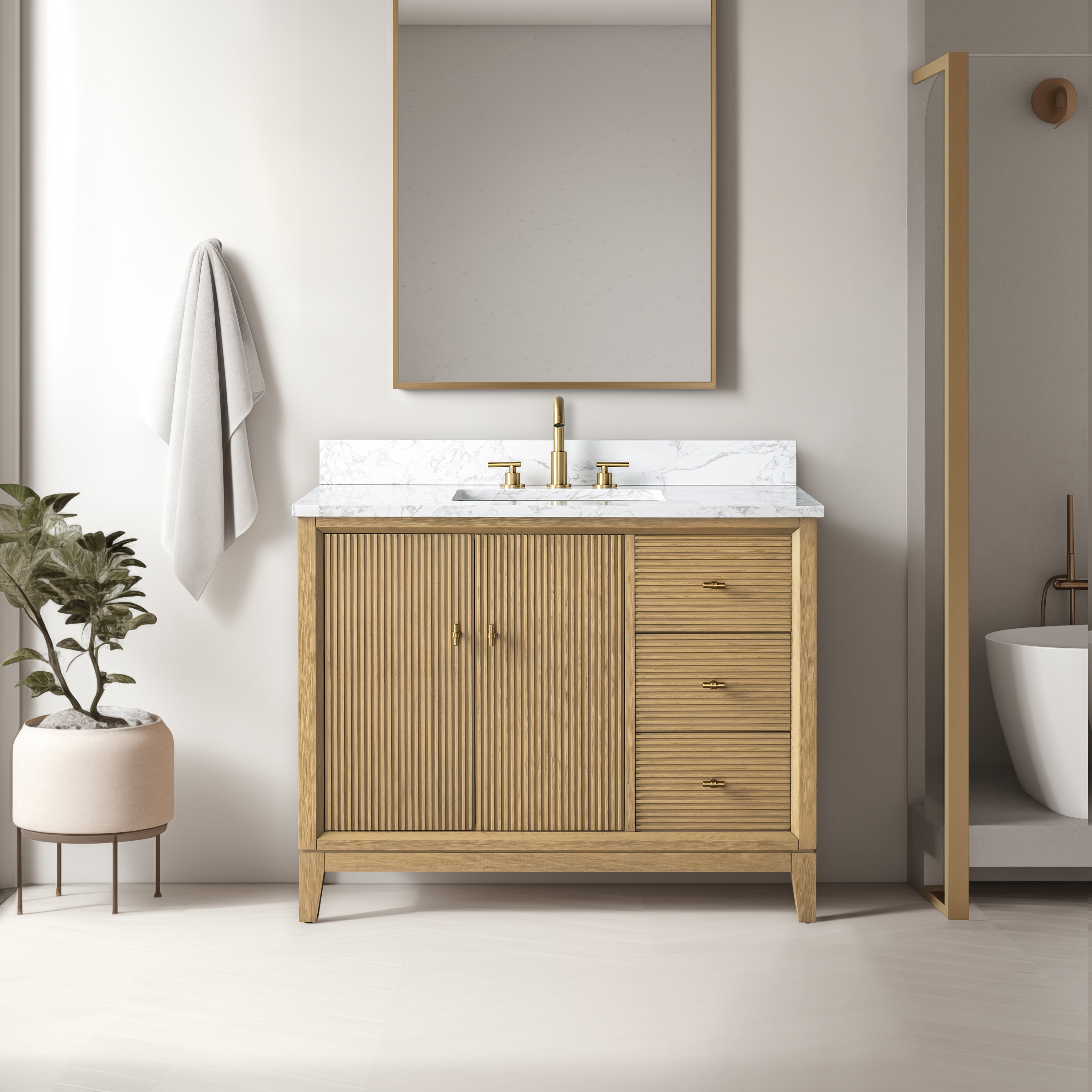 Natural Oak Single Bathroom Vanity with Golden Brushed Hardware