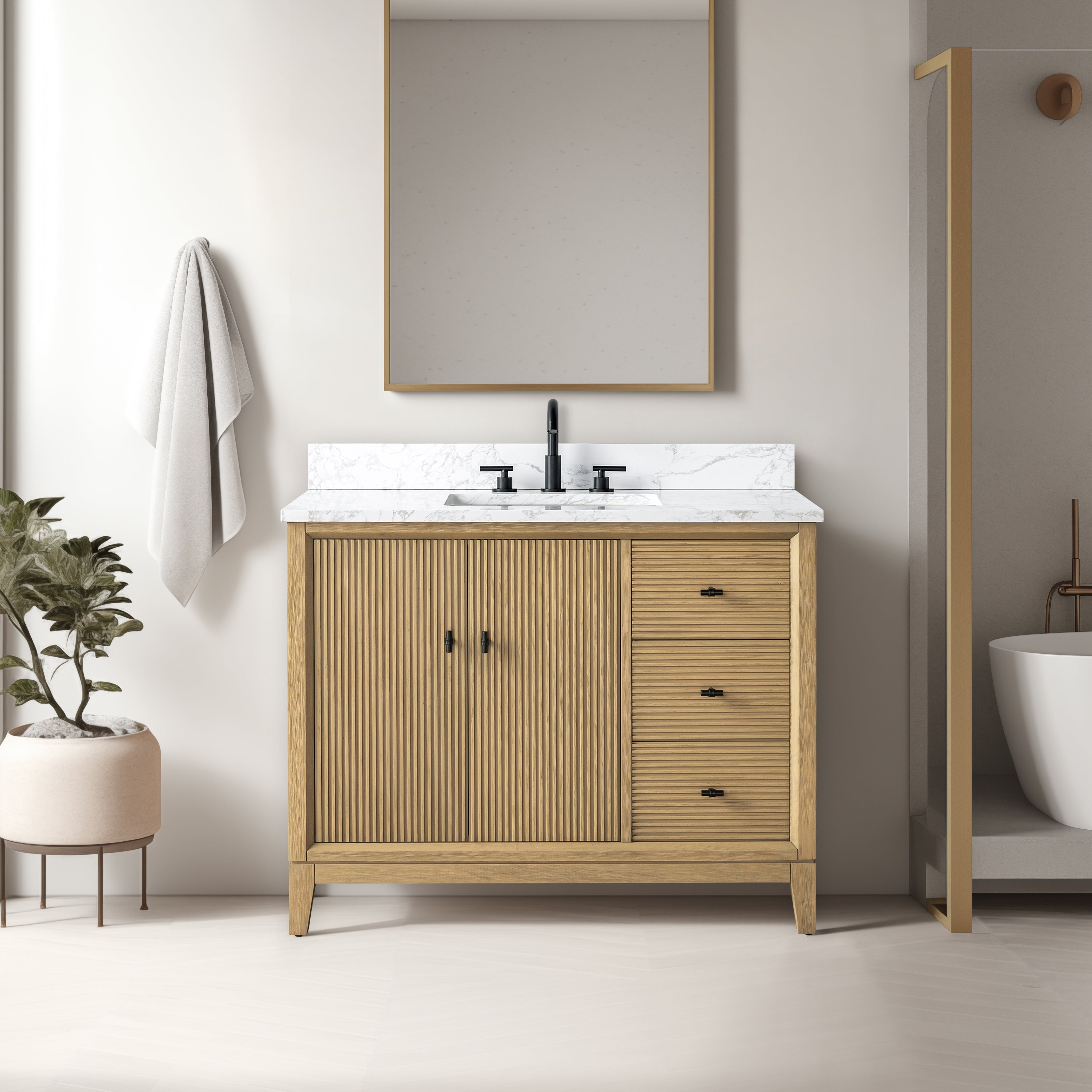Vanity Art 42" Bathroom Vanity with Sink and Engineered Marble Top, Freestanding Storage Cabinet with 2 Drawers, 1 Shelf and Flip Down Tray