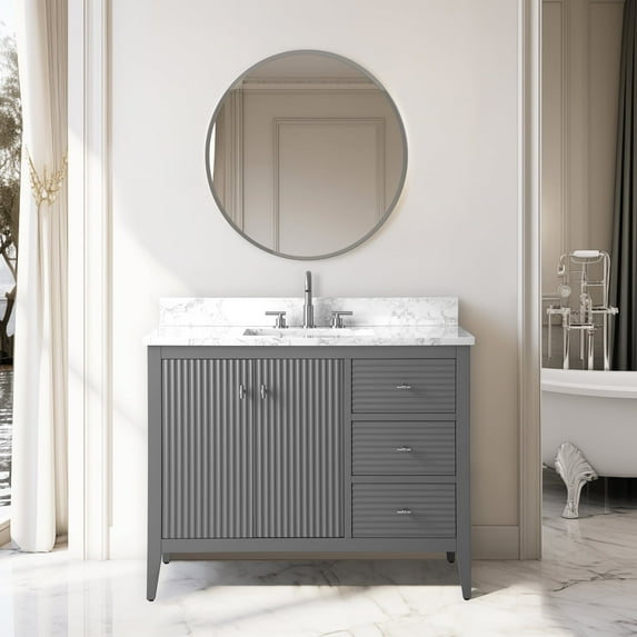 Vanity Art 42" Double Door Bathroom Vanity with Sink, Freestanding Storage Cabinet with Engineered Marble Top, Flip Down Tray, Drawer, and Shelf