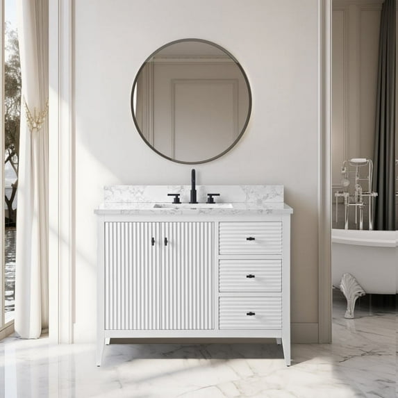 Vanity Art 42" Double Door Bathroom Vanity with Sink, Freestanding Storage Cabinet with Engineered Marble Top, Flip Down Tray, Drawer, and Shelf