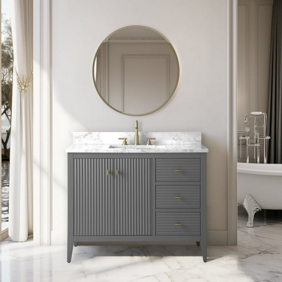 Vanity Art 42" Double Door Bathroom Vanity with Sink, Freestanding Storage Cabinet with Engineered Marble Top, Flip Down Tray, Drawer, and Shelf