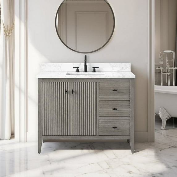 Vanity Art 42" Double Door Bathroom Vanity with Sink, Freestanding Storage Cabinet with Engineered Marble Top, Flip Down Tray, Drawer, and Shelf
