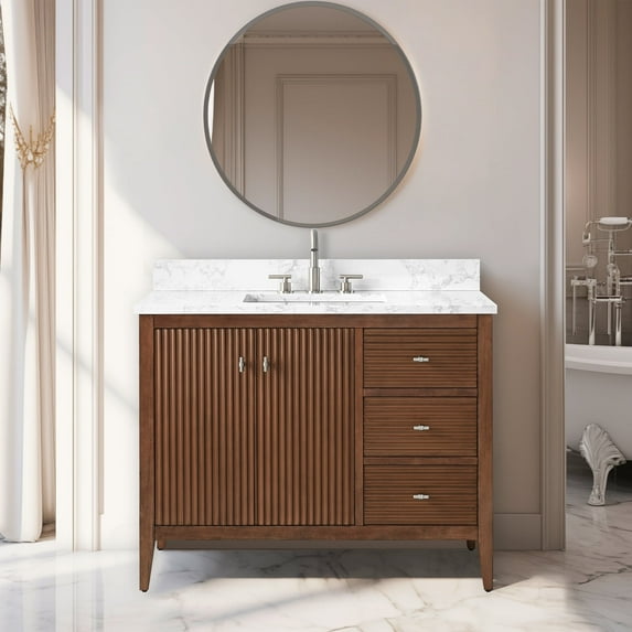 Vanity Art 42" Double Door Bathroom Vanity with Sink, Freestanding Storage Cabinet with Engineered Marble Top, Flip Down Tray, Drawer, and Shelf