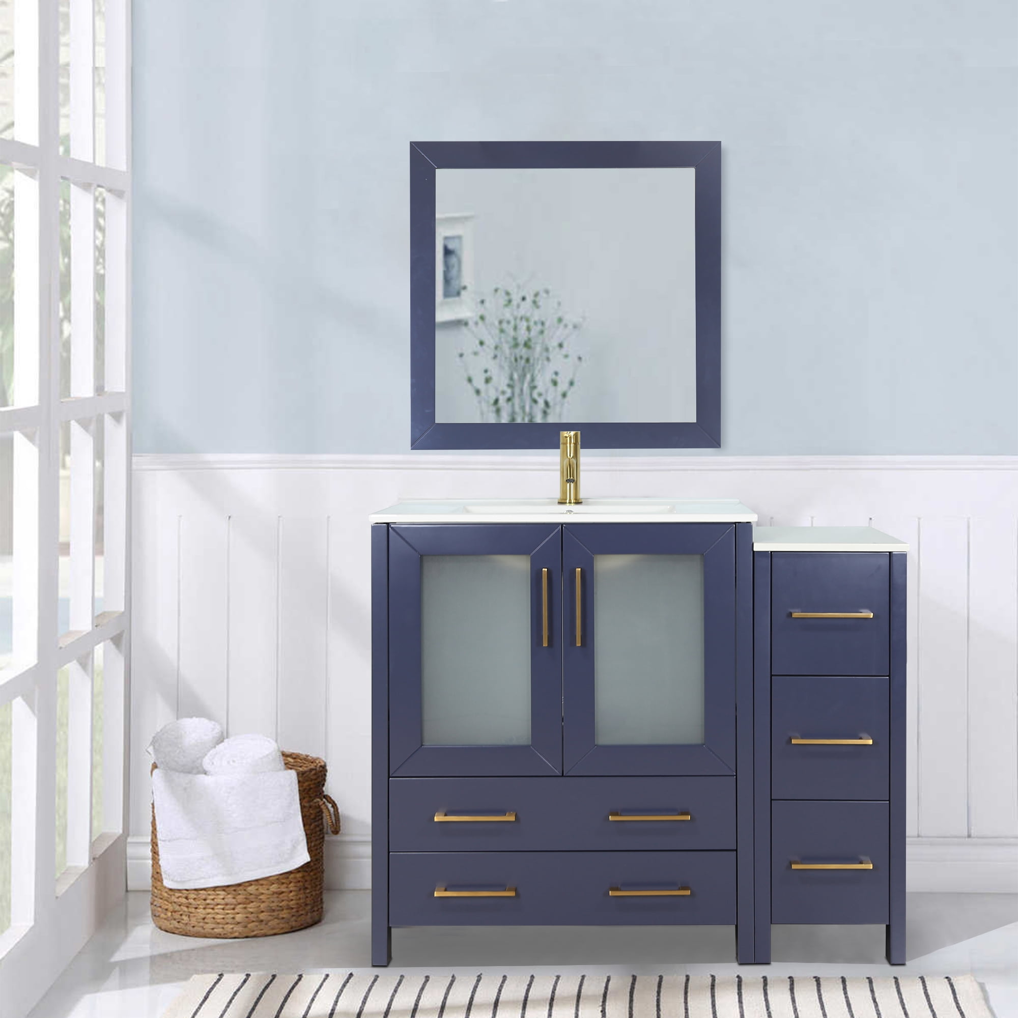 42-Inch Blue Oak Single Sink Bathroom Vanity with Ceramic Top and Mirror