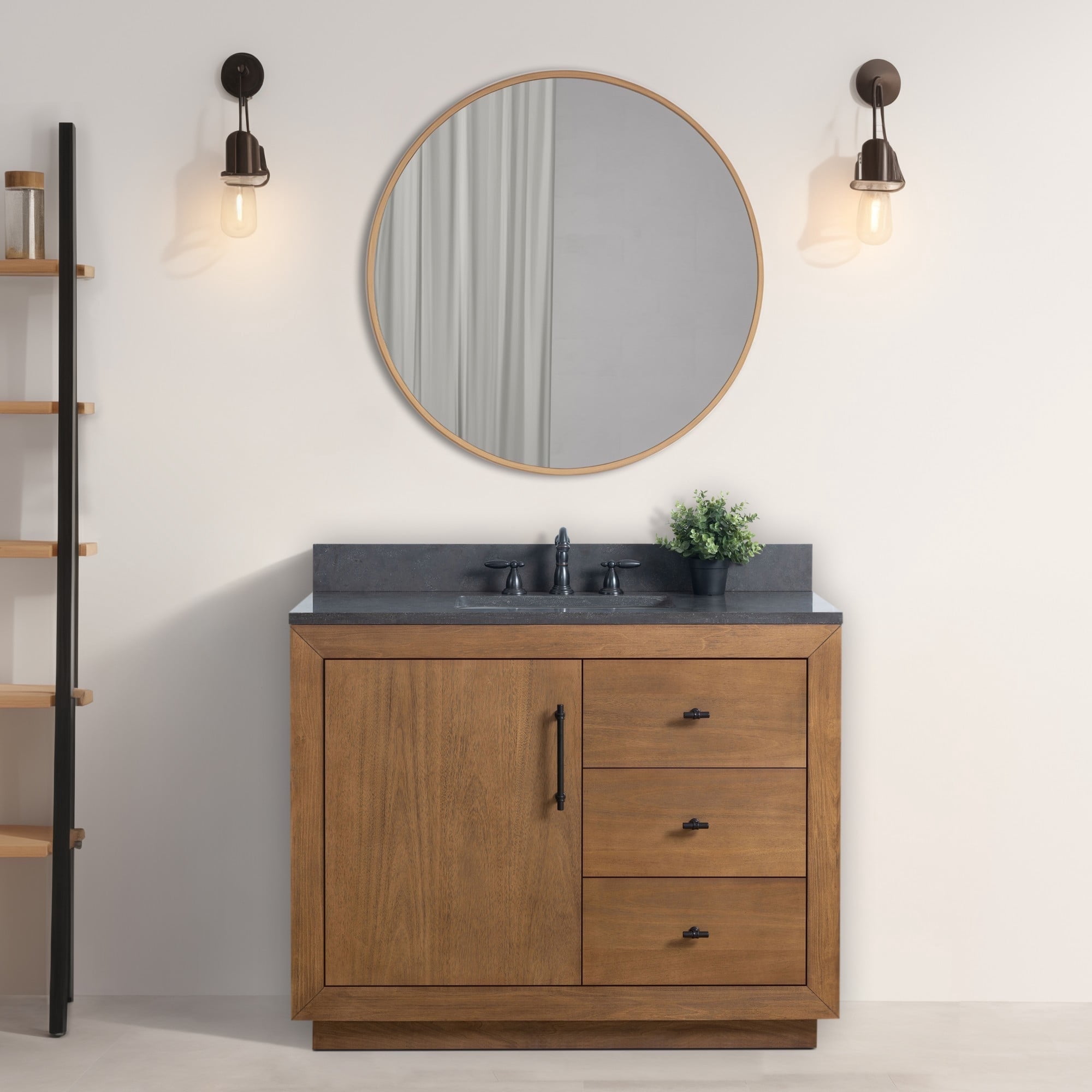 Vanity Art 42" Single Bathroom Vanity with Sink, Freestanding Bath Storage Cabinet with Black Limestone Top