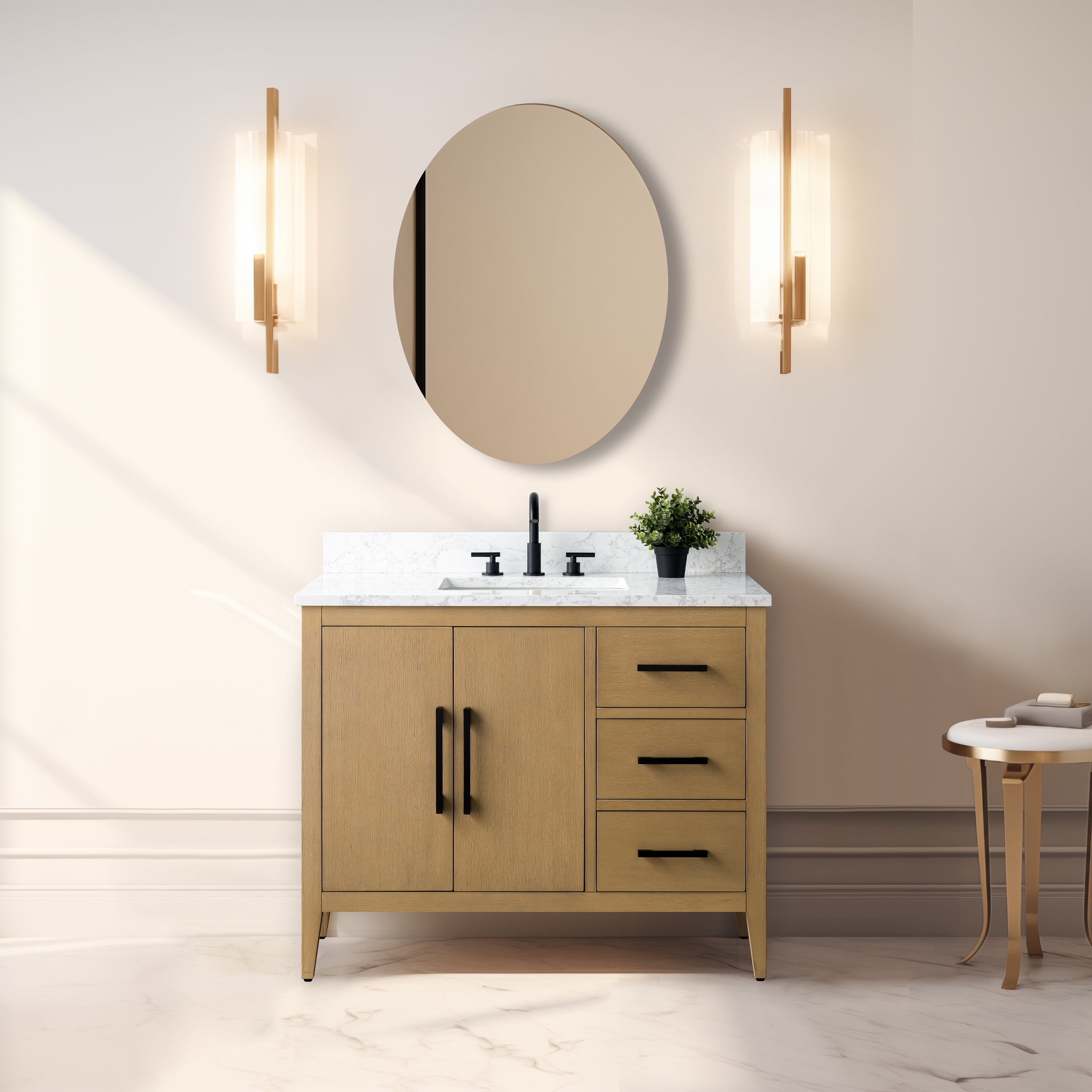 Natural Oak 42" Single Bathroom Vanity with Marble Top