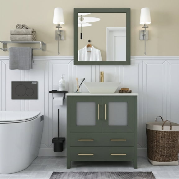 Vanity Art 42" Single Sink Freestanding Bathroom Vanity Set with Engineered Marble Top and Mirror