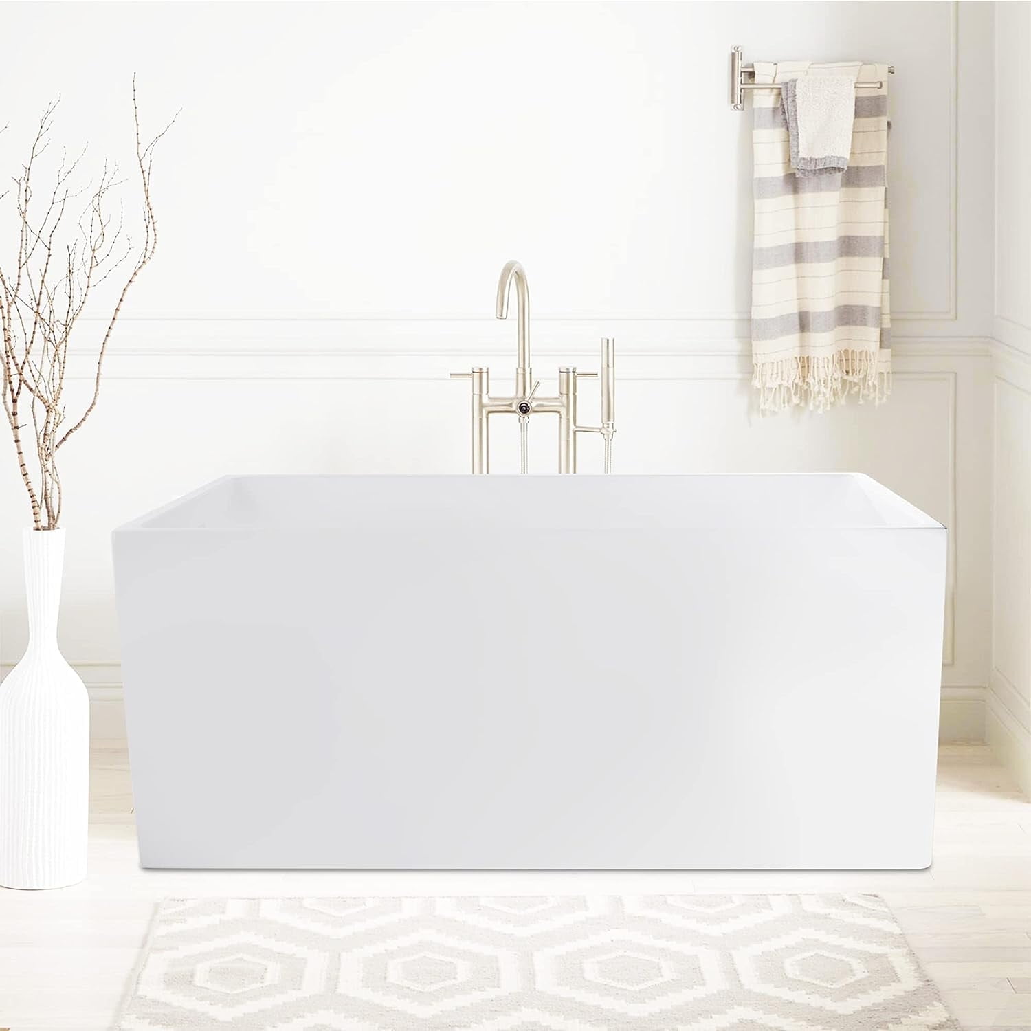 47" White Acrylic Freestanding Soaking Bathtub with Polished Chrome Finish