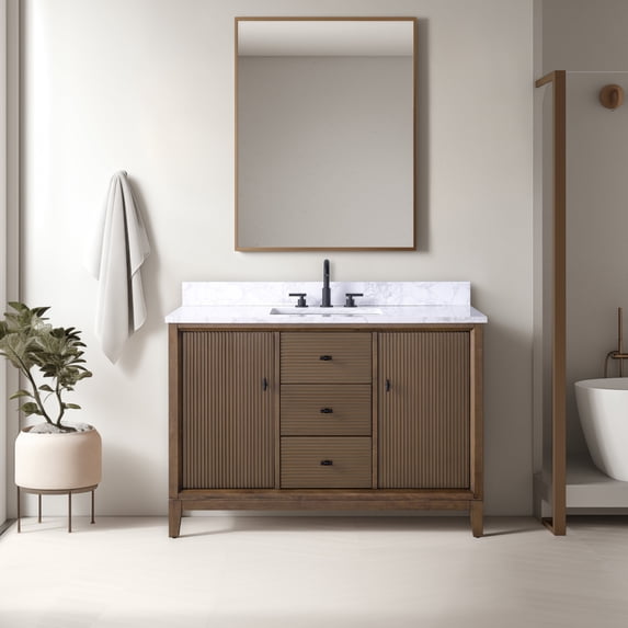 Vanity Art 48" Bathroom Vanity with Sink and Engineered Marble Top, Freestanding Storage Cabinet with 2 Drawers, 2 Shelves and 1 Flip Down Tray