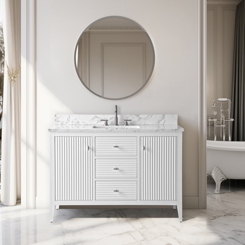 48'' White Solid Wood Freestanding Bathroom Vanity with Marble Top