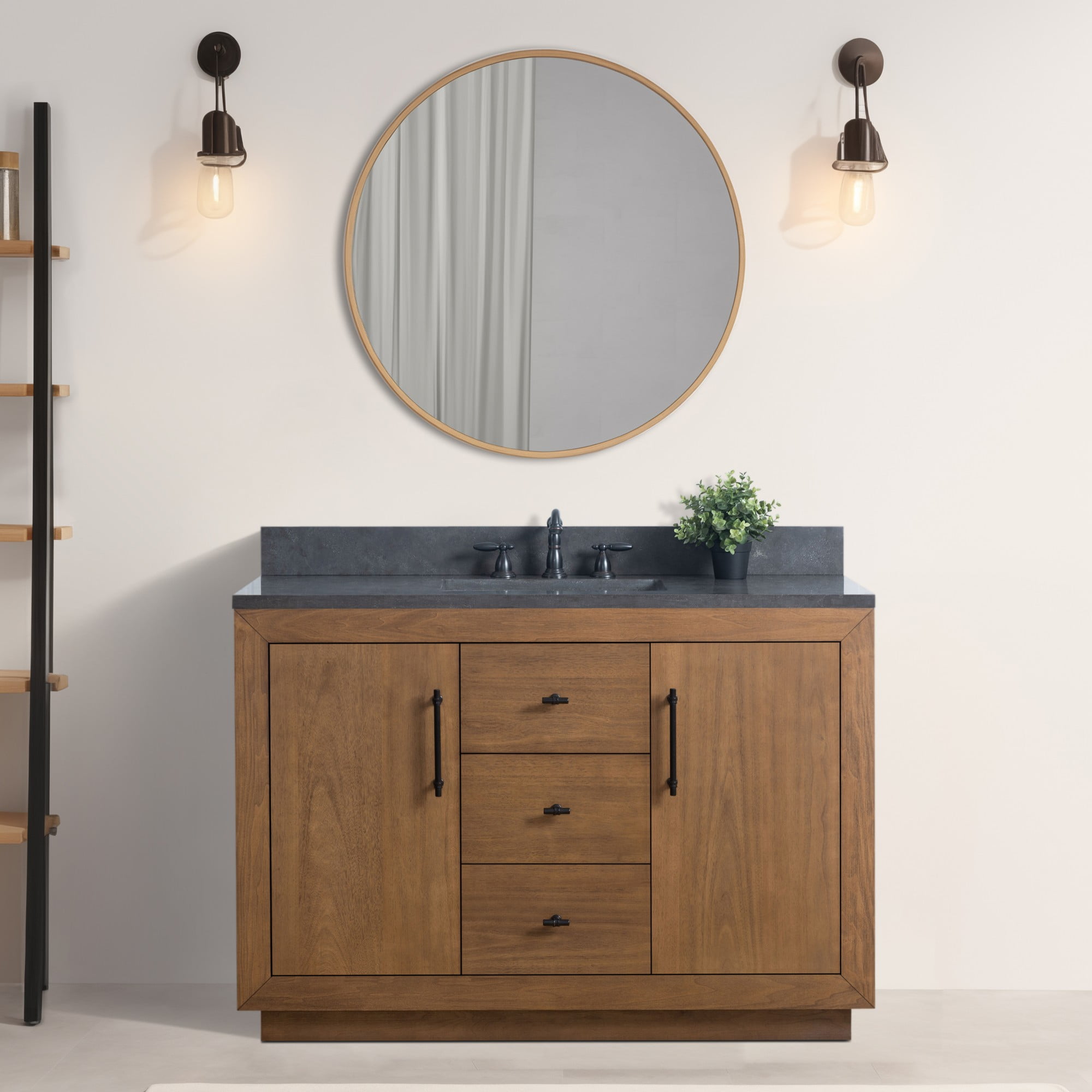 48" Tan Poplar Wood Bathroom Vanity with Black Limestone Top