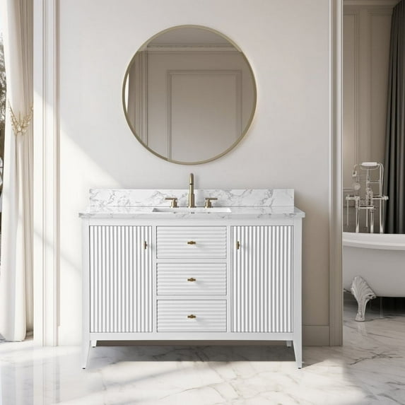 Vanity Art 48" Double Door Bathroom Vanity with Sink, Freestanding Storage Cabinet with Engineered Marble Top, Flip Down Tray, Drawer, and Shelf