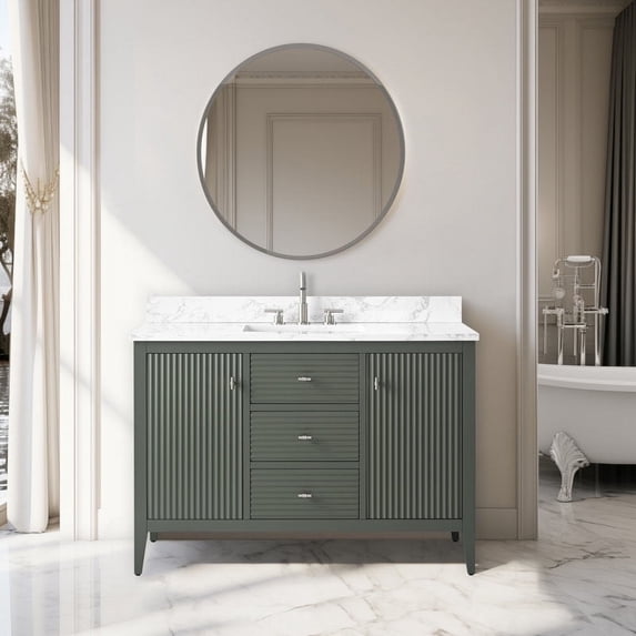 Vanity Art 48" Double Door Bathroom Vanity with Sink, Freestanding Storage Cabinet with Engineered Marble Top, Flip Down Tray, Drawer, and Shelf