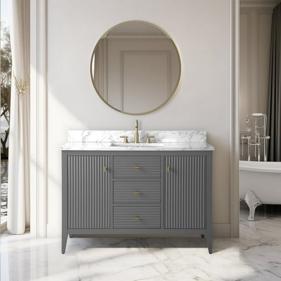 Vanity Art 48" Double Door Bathroom Vanity with Sink, Freestanding Storage Cabinet with Engineered Marble Top, Flip Down Tray, Drawer, and Shelf
