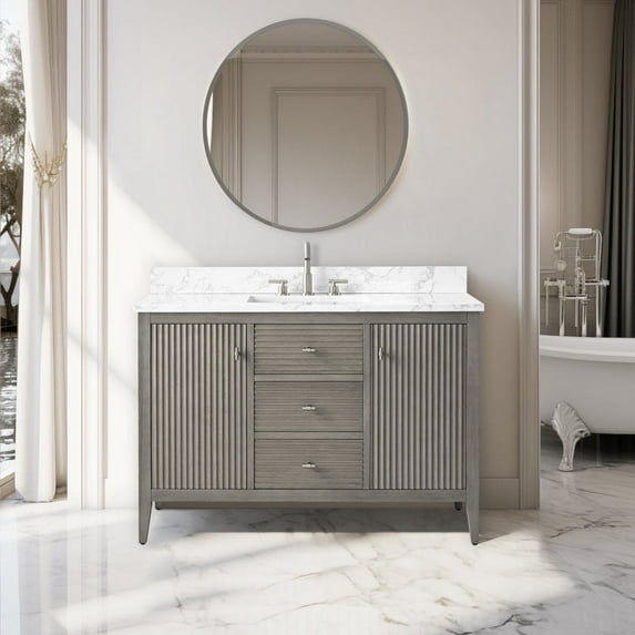 Vanity Art 48" Double Door Bathroom Vanity with Sink, Freestanding Storage Cabinet with Engineered Marble Top, Flip Down Tray, Drawer, and Shelf