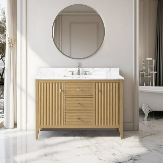 Vanity Art 48" Double Door Bathroom Vanity with Sink, Freestanding Storage Cabinet with Engineered Marble Top, Flip Down Tray, Drawer, and Shelf