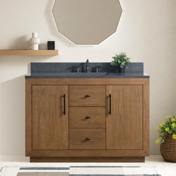 Vanity Art 48” Double Door Bathroom Vanity Cabinet with Undermount Sink, Solid Wood Free Standing Storage Cabinets with Flip Down Tray, Black Limestone Countertop, 2 Removable Shelves, and Drawers