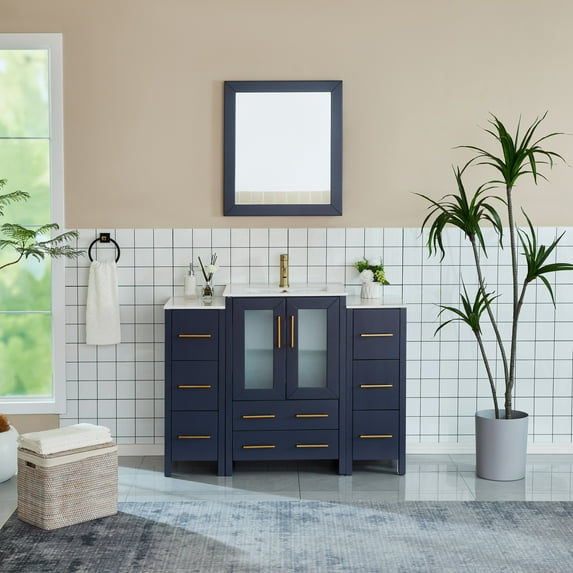 Vanity Art 48 Inch Single Sink Modern Bathroom Vanity Combo Set 2 Side Cabinets 1 Shelf 8 Dove-Tailed Drawers Ceramic Top Bathroom Cabinet with Free Mirror VA3024-48B