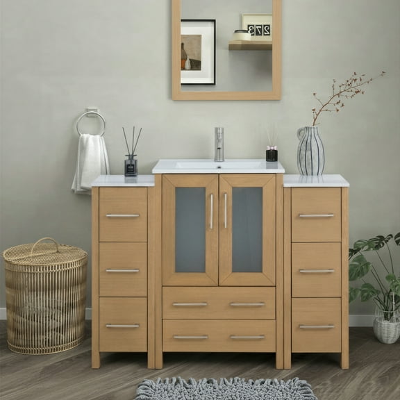 Vanity Art 48" Single Sink Freestanding Bathroom Vanity Set with Ceramic Top and Mirror