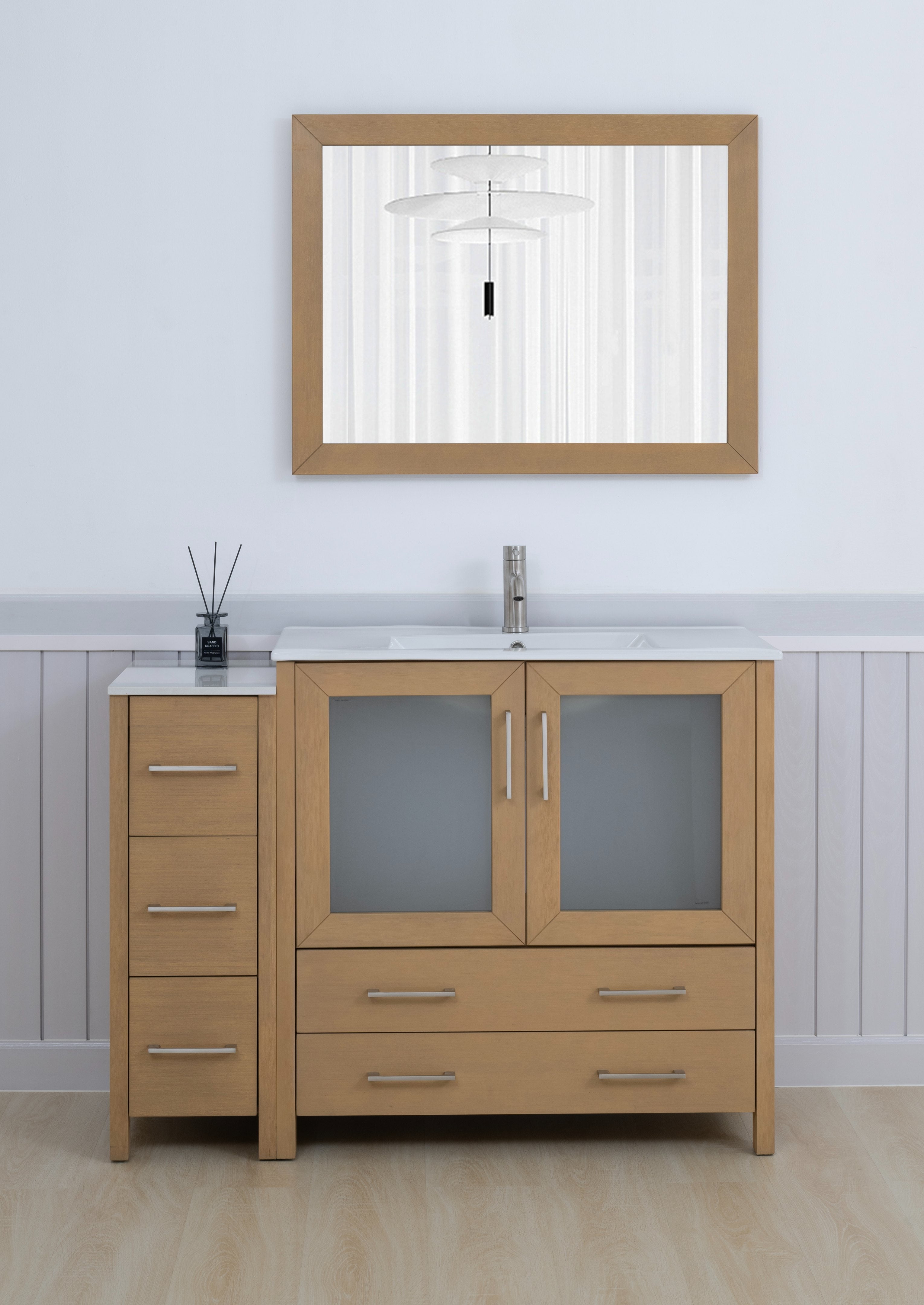 Natural Oak 48" Bathroom Vanity with White Ceramic Top and Mirror