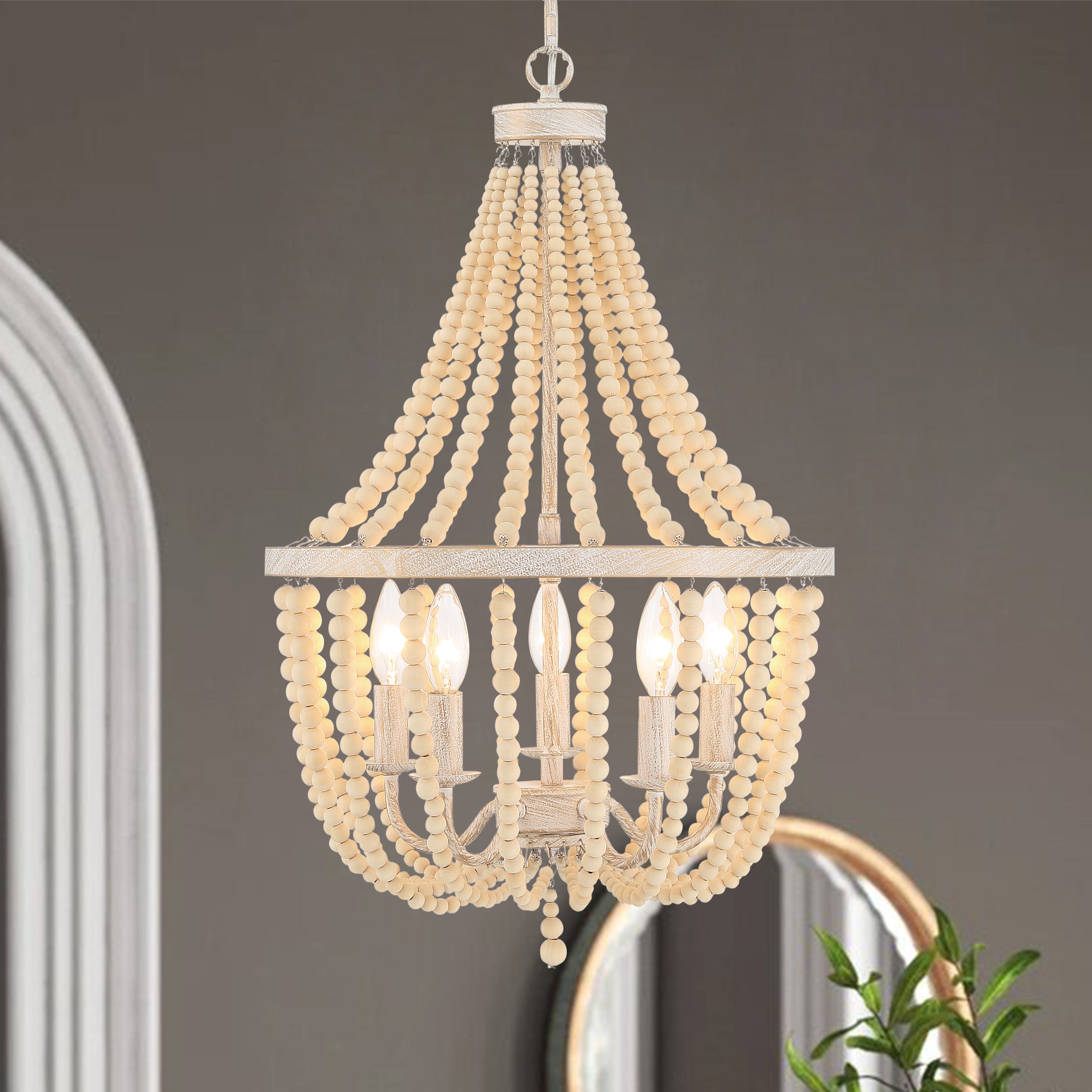 White and Gold Beaded 5-Light Empire Chandelier