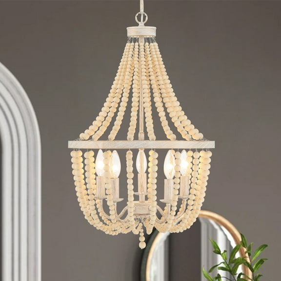 Vanity Art 5 Light Candle Style Empire Chandelier with Beaded Accents | Modern Hanging Lighting, Ceiling Lights Fixtures for Kitchen Dining Room Living Room Bed Room Kitchen SYB3215WO-LT