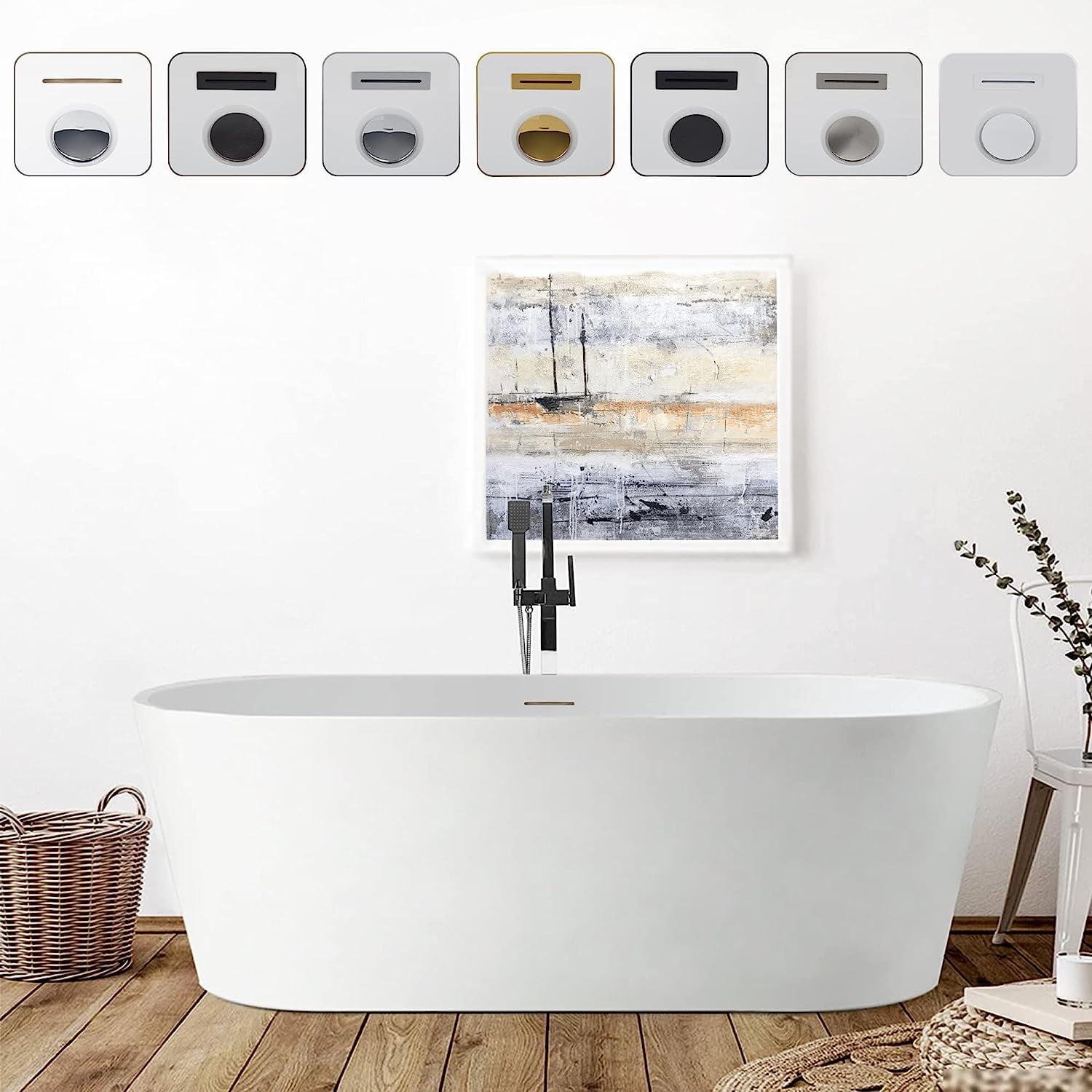 54" White Acrylic Freestanding Soaking Bathtub