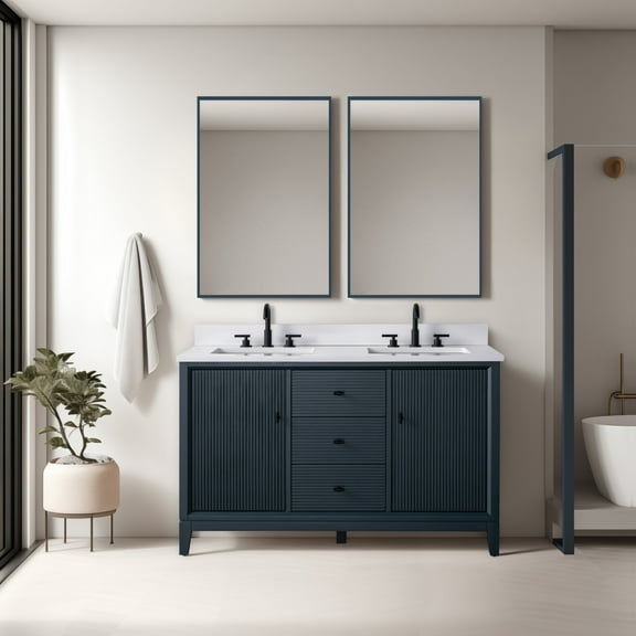 Vanity Art 54" Bathroom Vanity with Sinks and Engineered Marble Top, Freestanding Storage Cabinet with 2 Drawers, 2 Shelves and 1 Flip Down Tray