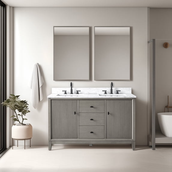 Vanity Art 54" Bathroom Vanity with Sinks and Engineered Marble Top, Freestanding Storage Cabinet with 2 Drawers, 2 Shelves and 1 Flip Down Tray