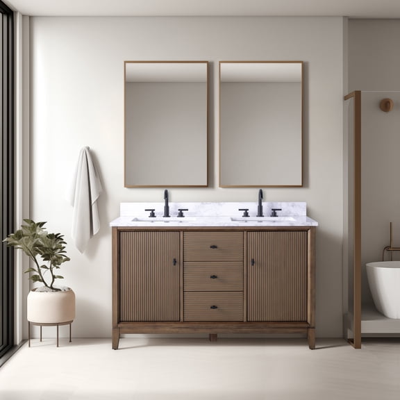 Vanity Art 54" Bathroom Vanity with Sinks and Engineered Marble Top, Freestanding Storage Cabinet with 2 Drawers, 2 Shelves and 1 Flip Down Tray