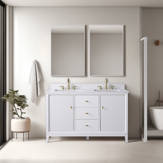 Vanity Art 54" Bathroom Vanity with Sinks and Engineered Marble Top, Freestanding Storage Cabinet with 2 Drawers, 2 Shelves and 1 Flip Down Tray