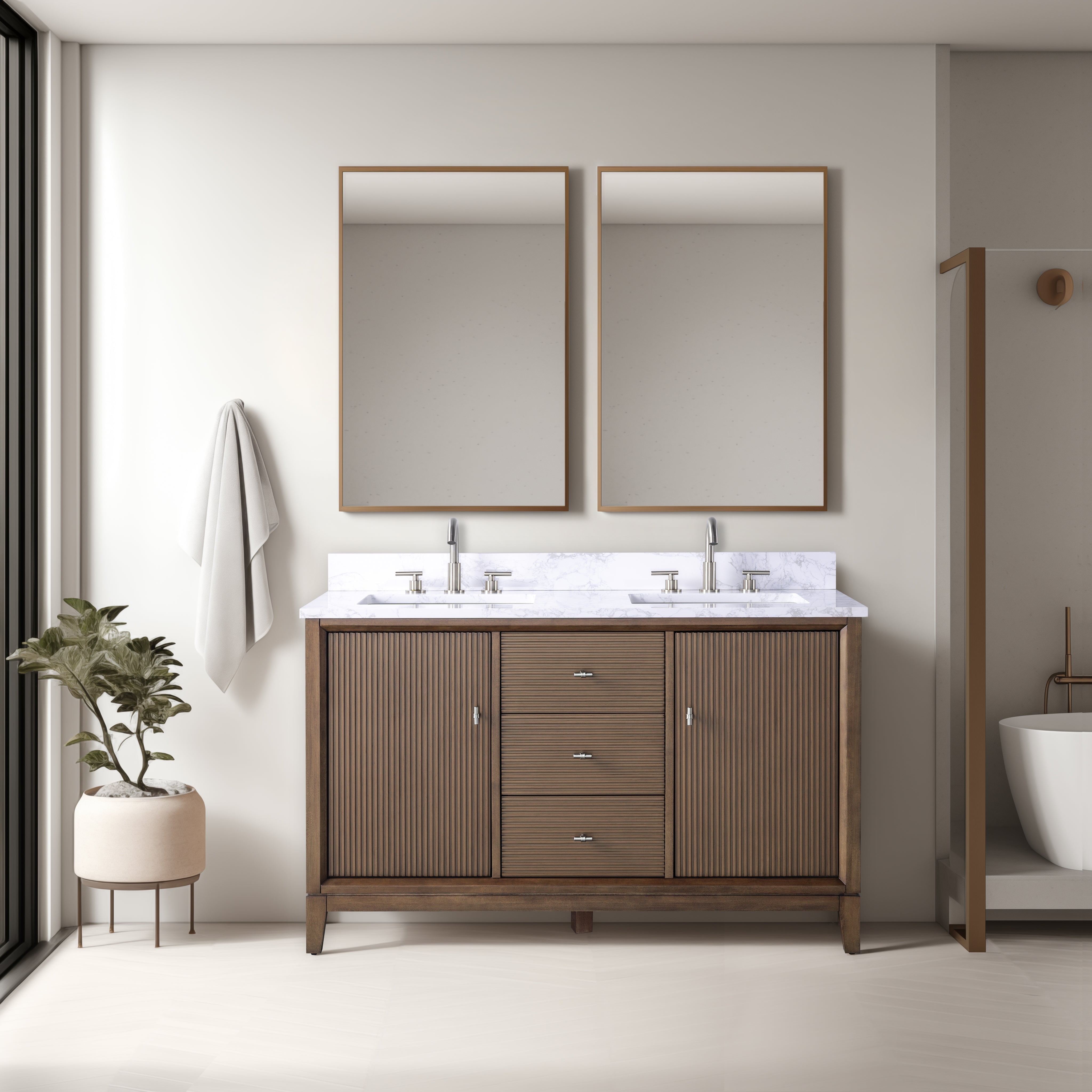 Vanity Art 54" Bathroom Vanity with Sinks and Engineered Marble Top, Freestanding Storage Cabinet with 2 Drawers, 2 Shelves and 1 Flip Down Tray