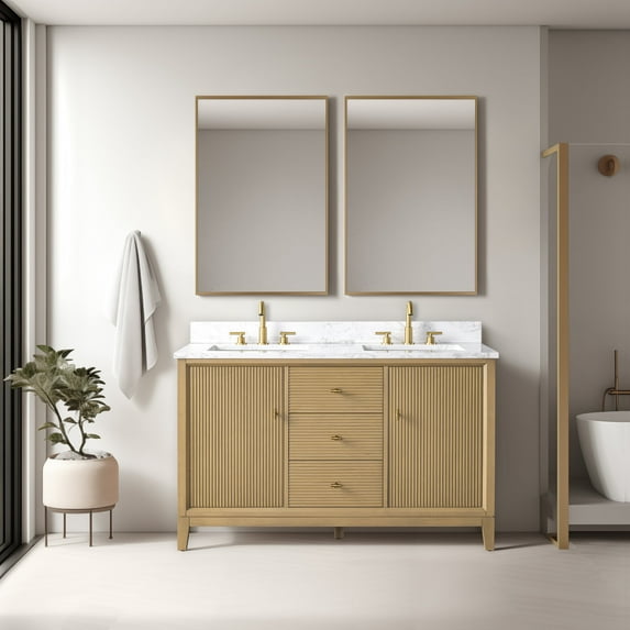Vanity Art 54" Bathroom Vanity with Sinks and Engineered Marble Top, Freestanding Storage Cabinet with 2 Drawers, 2 Shelves and 1 Flip Down Tray