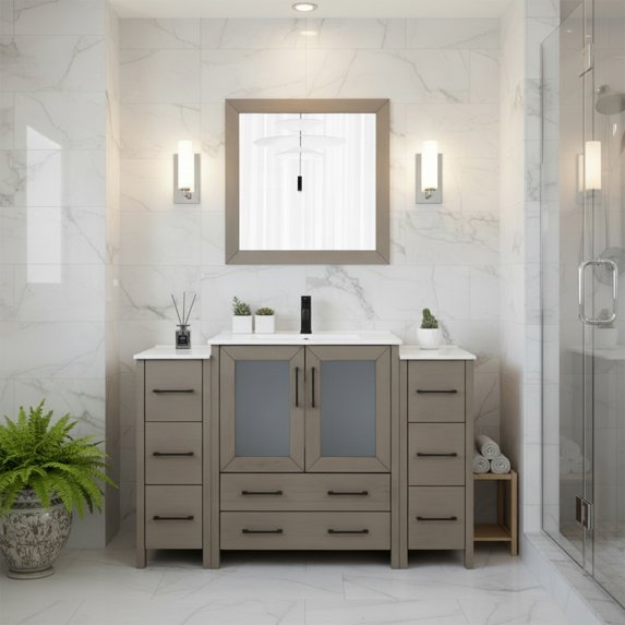 Vanity Art 54" Single Sink Freestanding Bathroom Vanity Set with Ceramic Top and Mirror