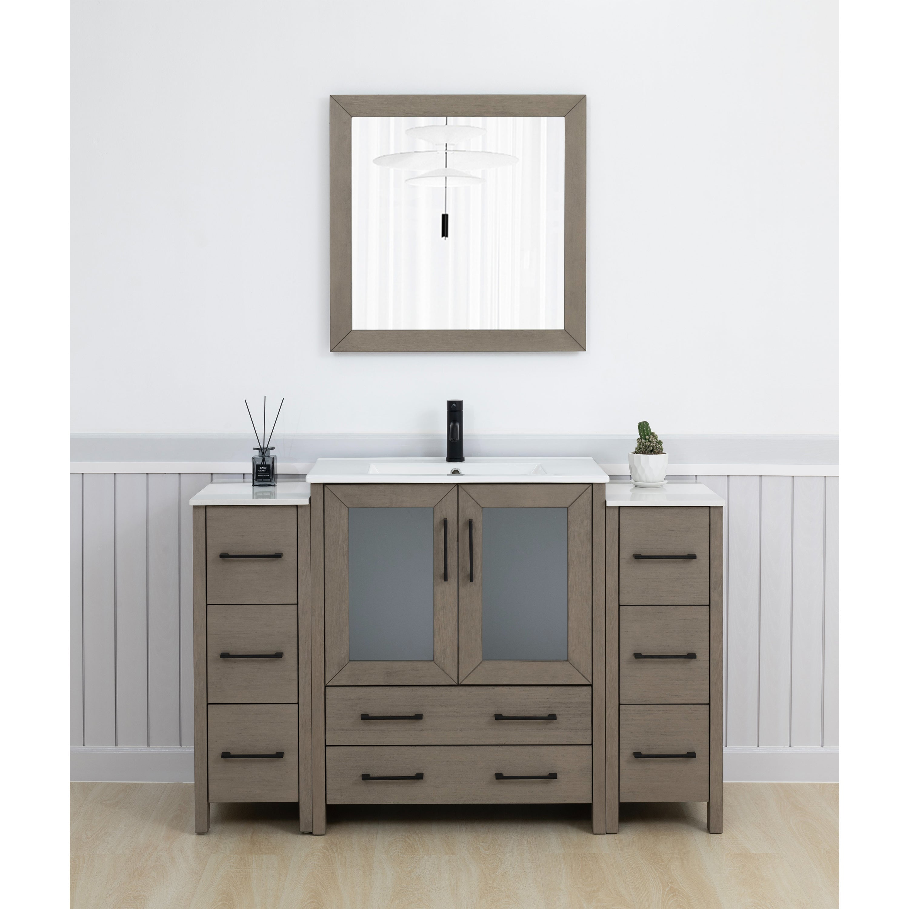 54" Driftwood Gray Solid Wood Bathroom Vanity with Ceramic Top and Mirror