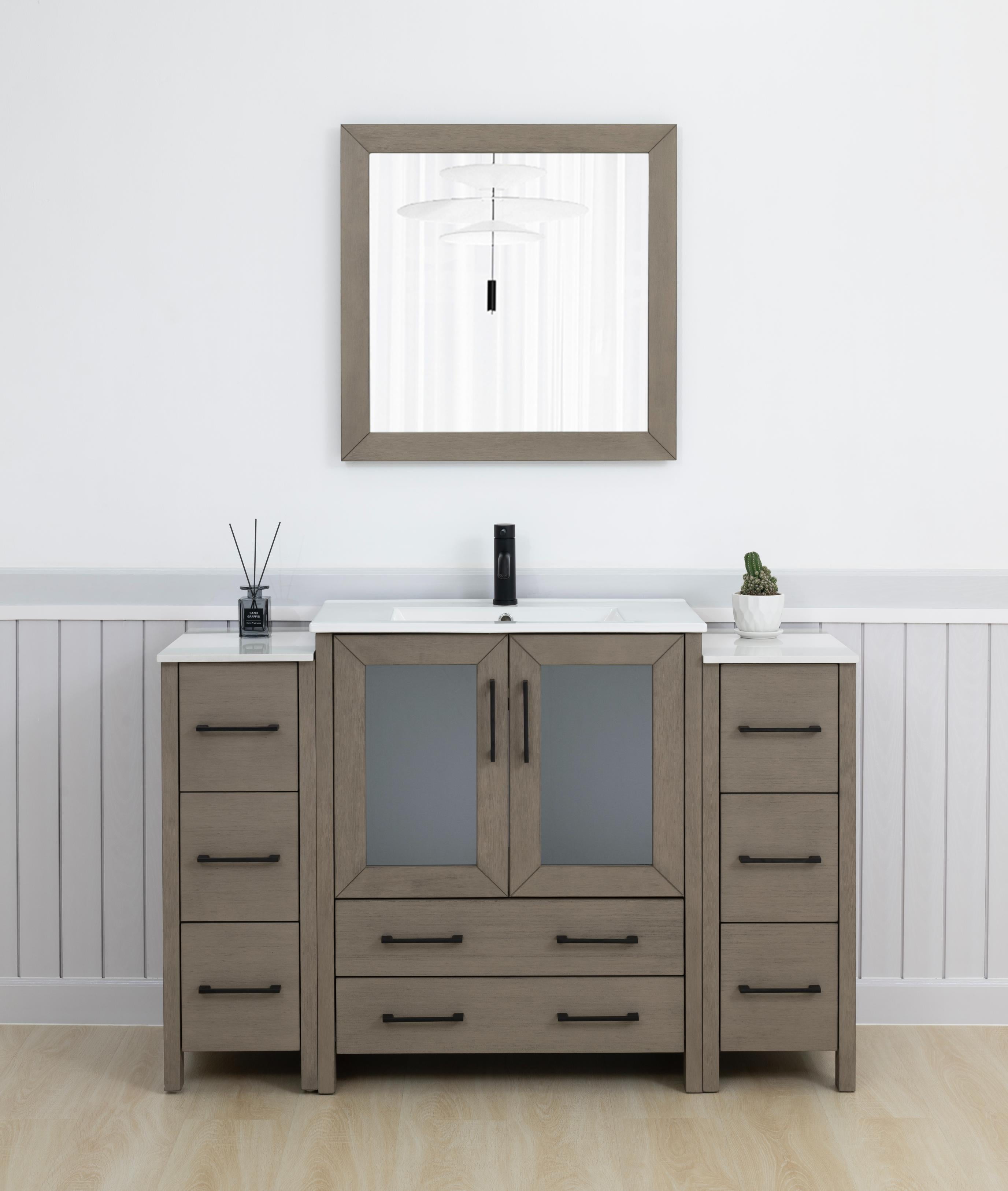 54" Driftwood Gray Solid Wood Bathroom Vanity with Ceramic Top and Mirror