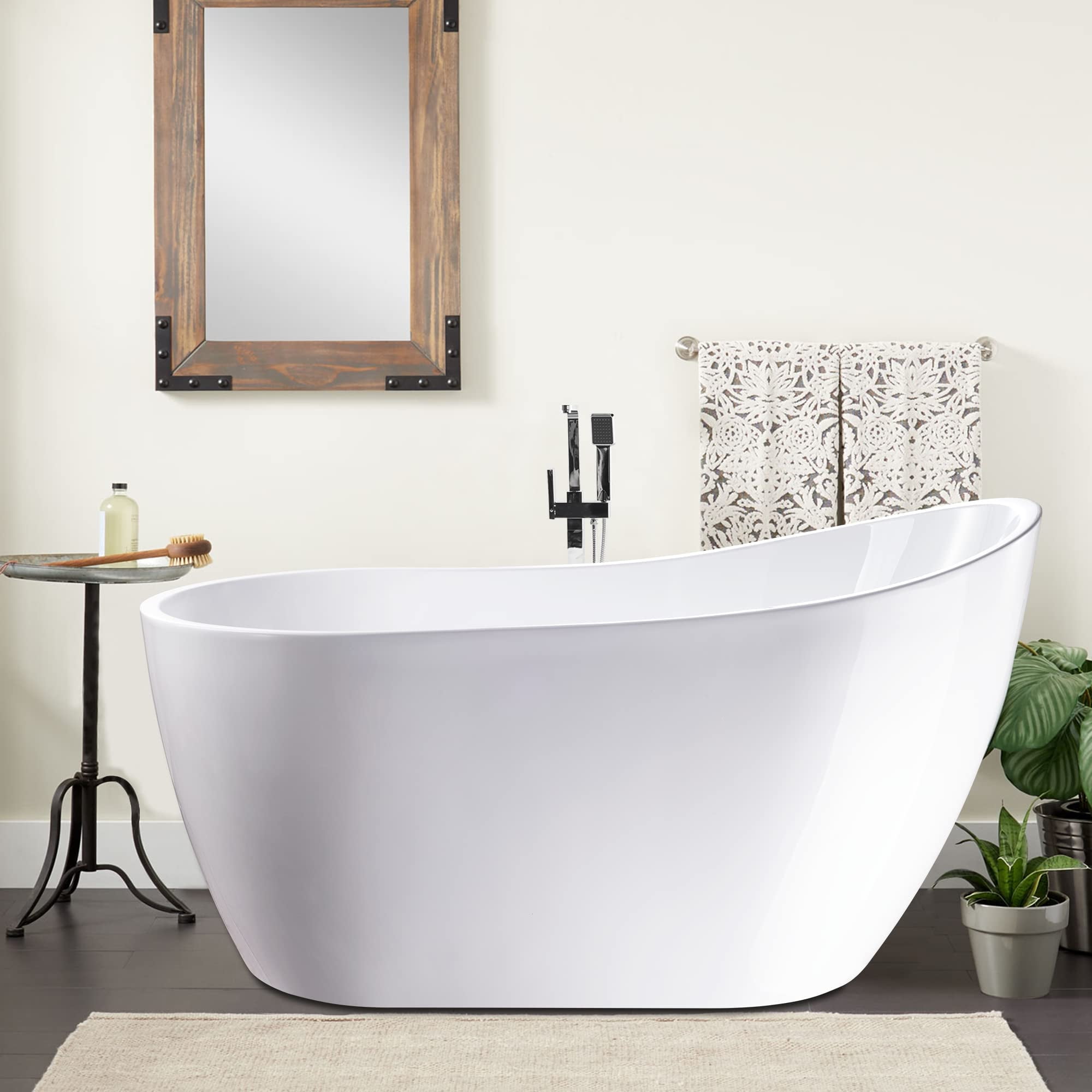 54" White Acrylic Freestanding Soaking Bathtub with Chrome Drain