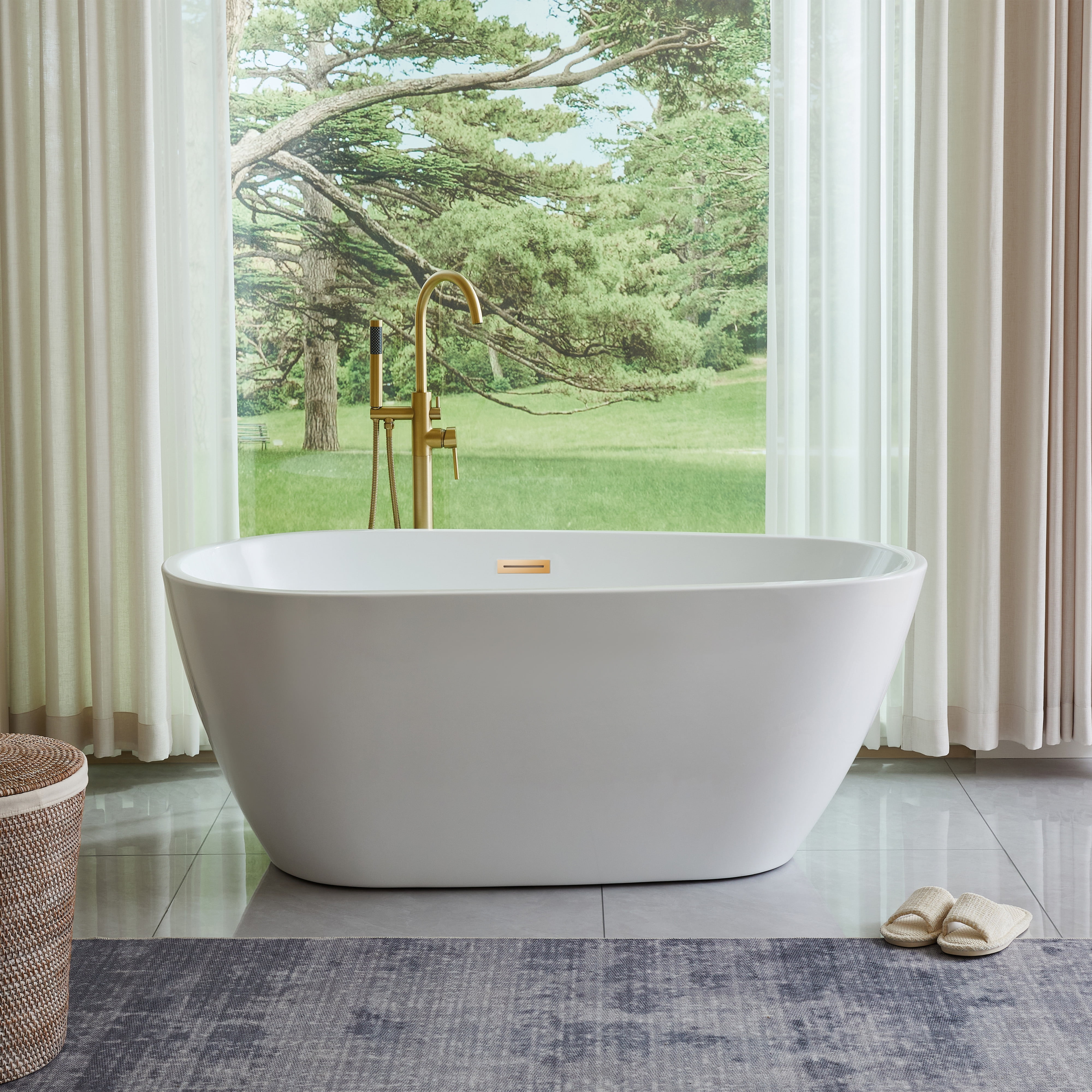White and Titanium Gold Acrylic Freestanding Soaking Bathtub