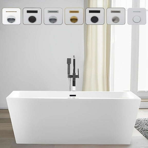 Vanity Art 59" x 30" Acrylic Freestanding Soaking Bathtub with Overflow and Pop-up Drain Included