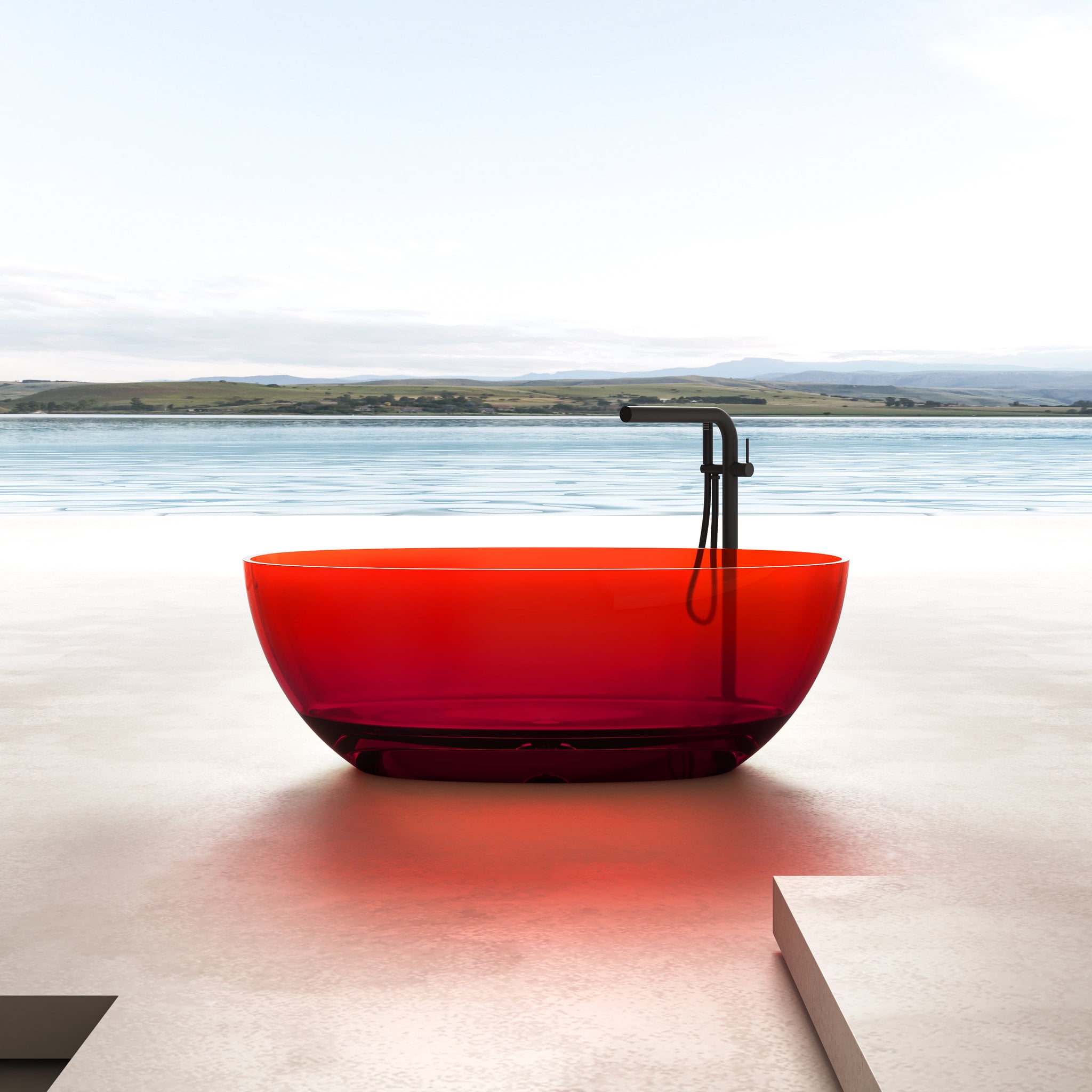 59" Pure Resin Red Freestanding Soaking Bathtub with Polished Chrome Drain