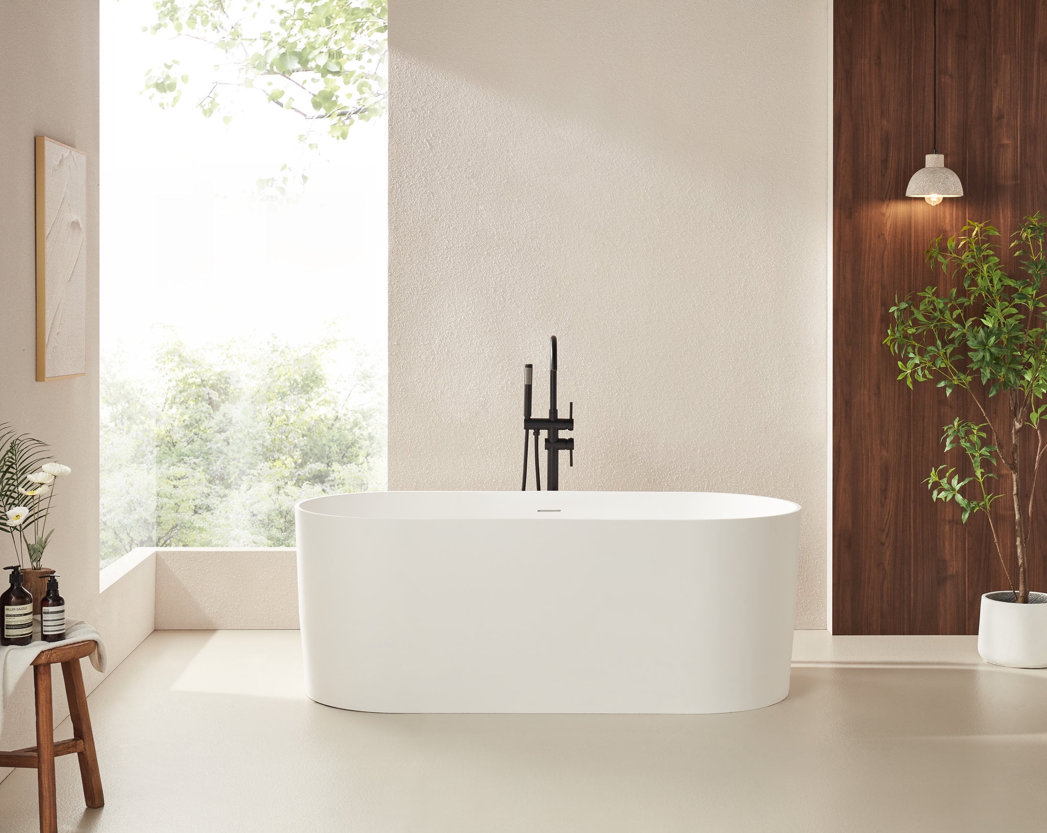 59" Glossy White Stone Resin Freestanding Soaking Bathtub