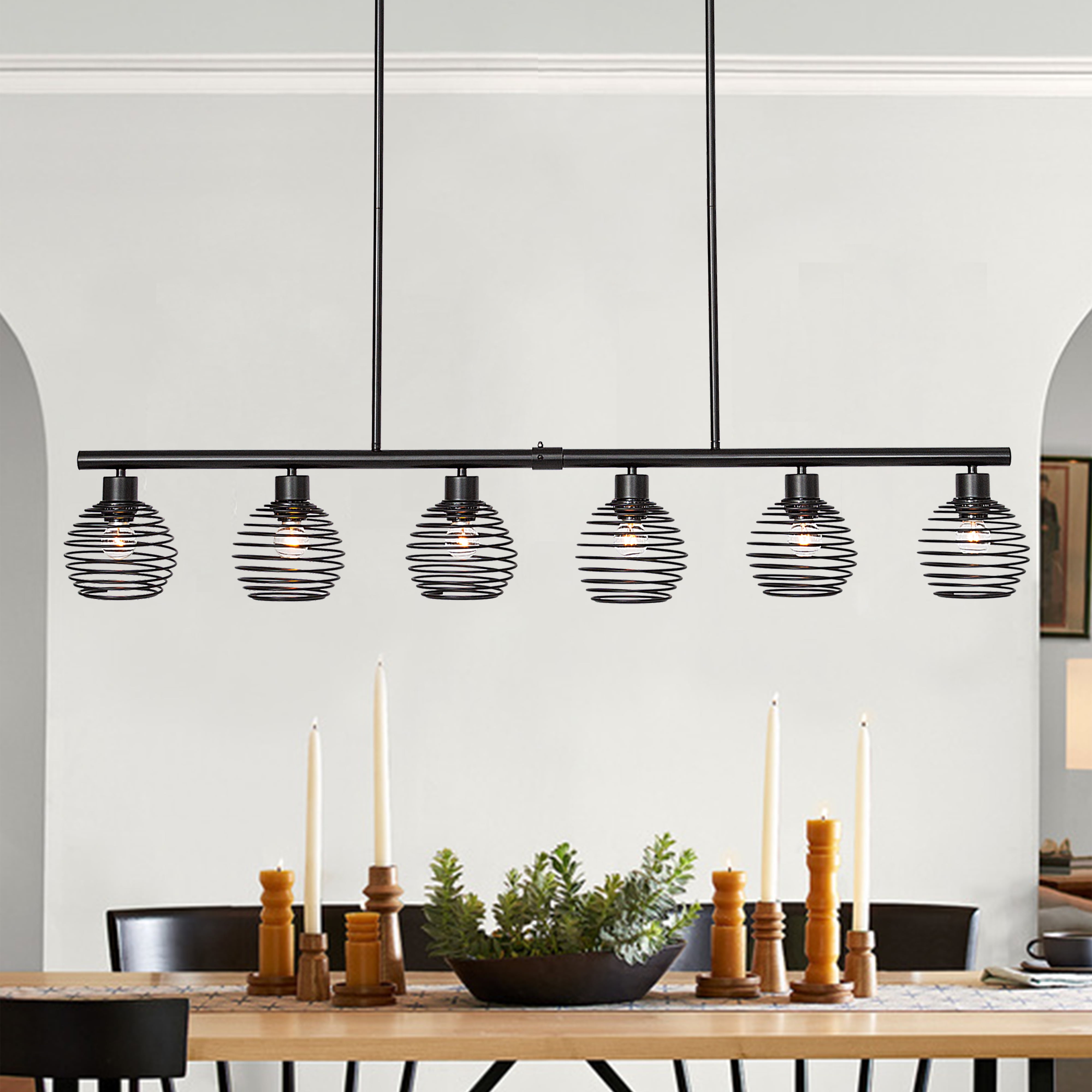 Black Metal 6-Light Linear Pendant with Globe Shades