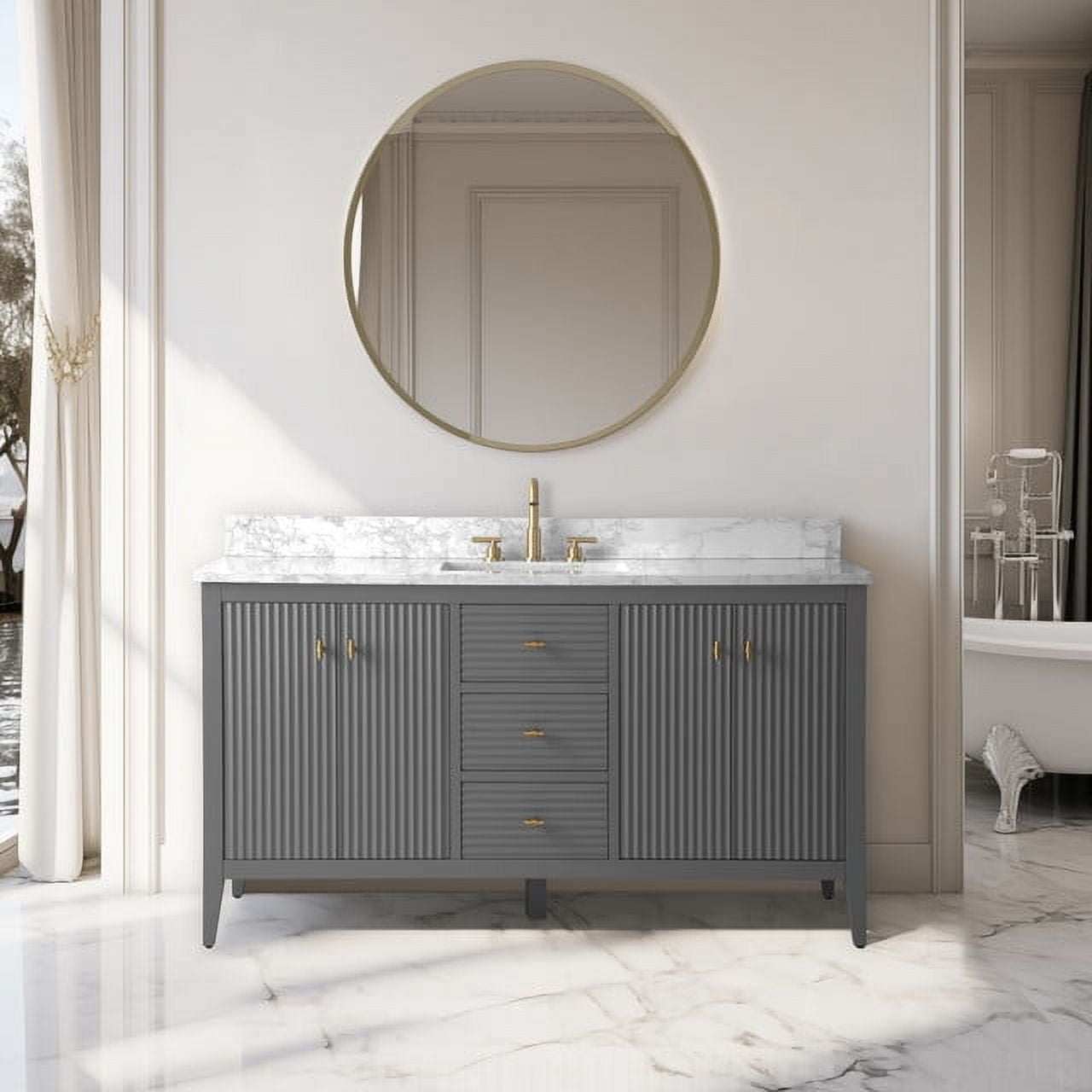 60" Linear Gray Freestanding Bathroom Vanity with Gold Hardware and Marble Top