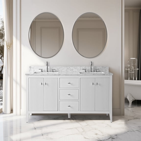 Vanity Art 60" Bathroom Vanity with Sink, Freestanding Storage Cabinet with Engineered Marble Top, Flip Down Tray, Drawer, and Shelve
