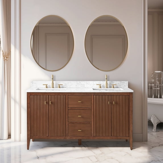 Vanity Art 60" Contemporary Bathroom Vanity with Sink, Freestanding Storage Cabinet, Engineered Marble Top, Flip-Down Tray, Drawer, and Shelf