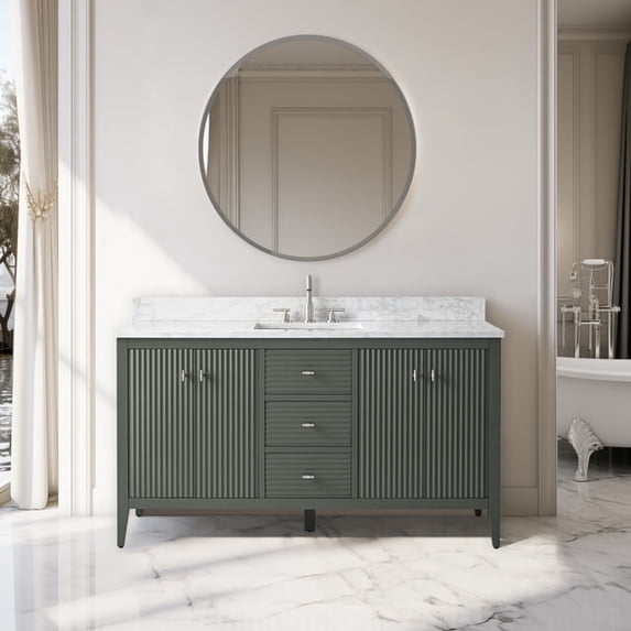 Vanity Art 60" Bathroom Vanity with Sink, Freestanding Storage Cabinet with Engineered Marble Top, Flip Down Tray, Drawer, and Shelve